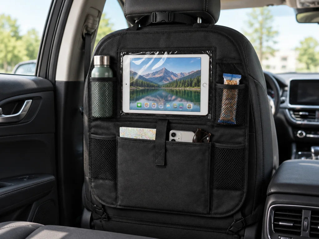 Show a close detail of this exact organizer’s tablet area, pockets, and attachment straps on a real