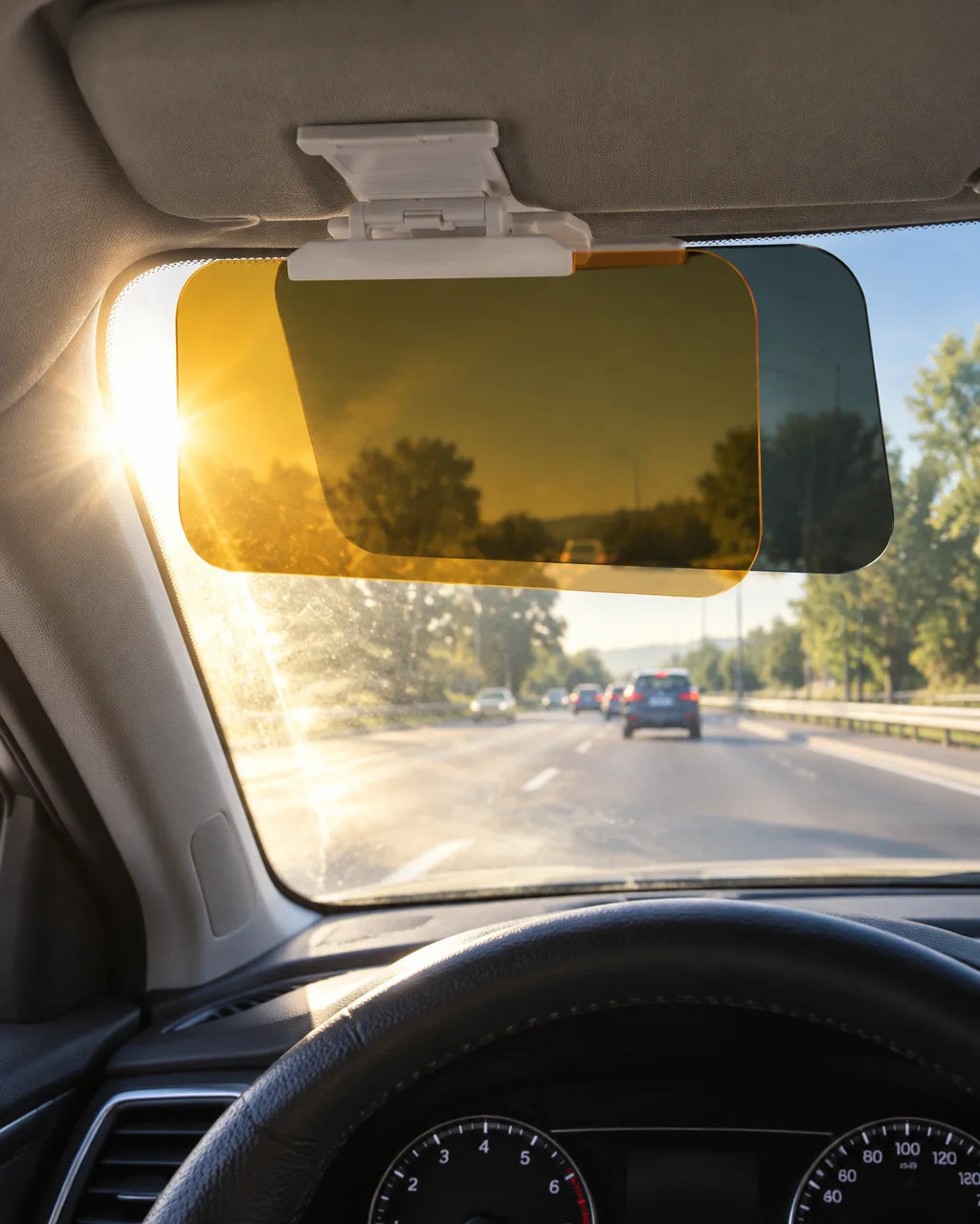 Show this exact anti-glare car sun visor installed on a real driver-side windshield area, clearly po