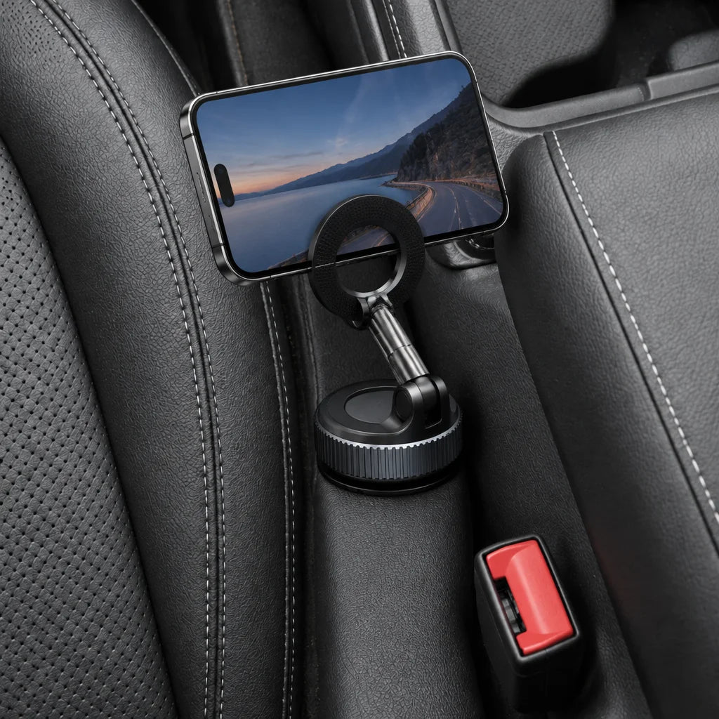 Show this exact magnetic car phone holder in the same type of real vehicle interior with a phone rot