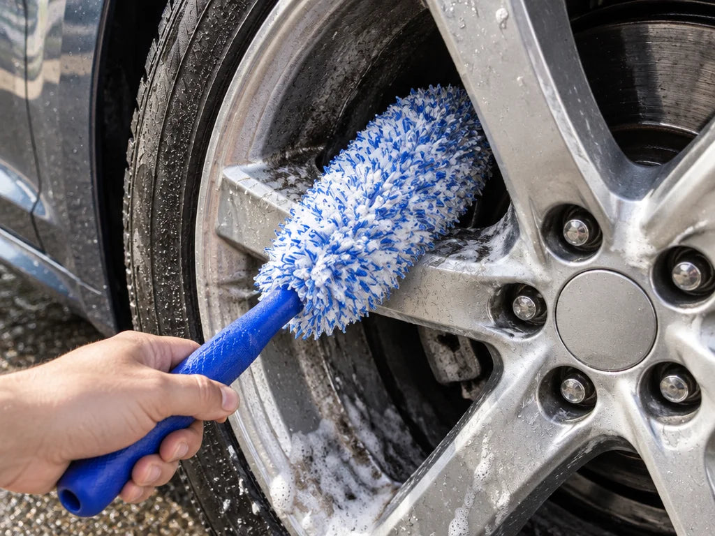 Show a close detail of this exact plush wheel brush contacting a real rim surface, with realistic ha
