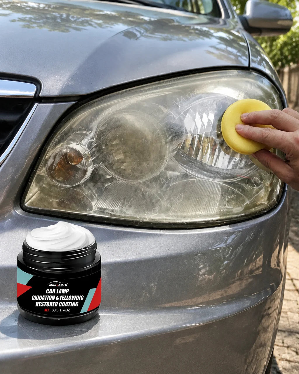 Show this exact headlight care polish being applied to a real vehicle headlight with a polishing pad