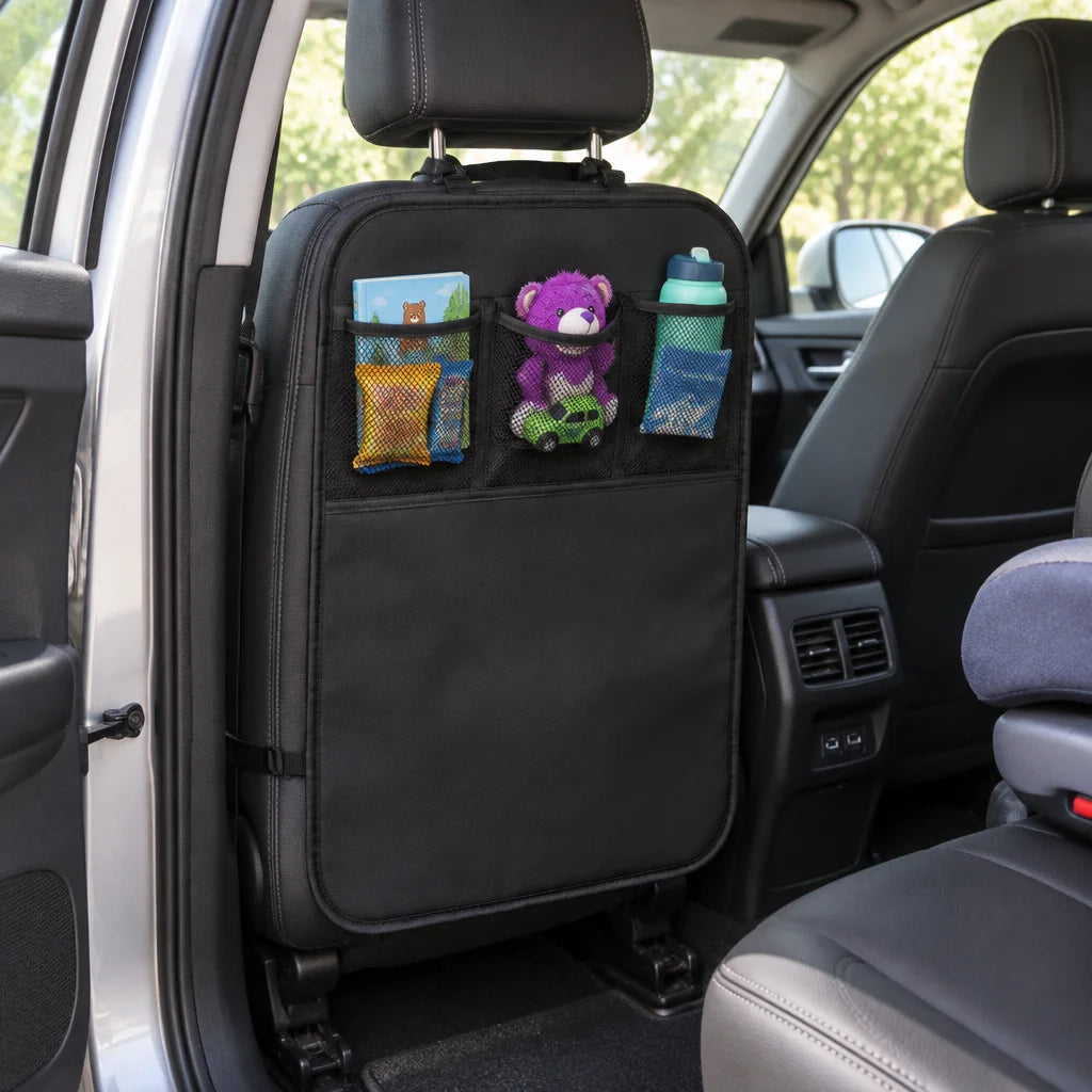 Show this exact back-seat kick mat organizer in a real family vehicle interior, with the water-resis