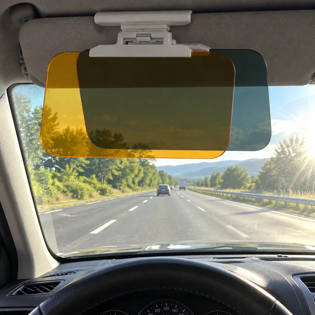 Show this exact anti-glare car sun visor from inside a real vehicle with the road and windshield vis