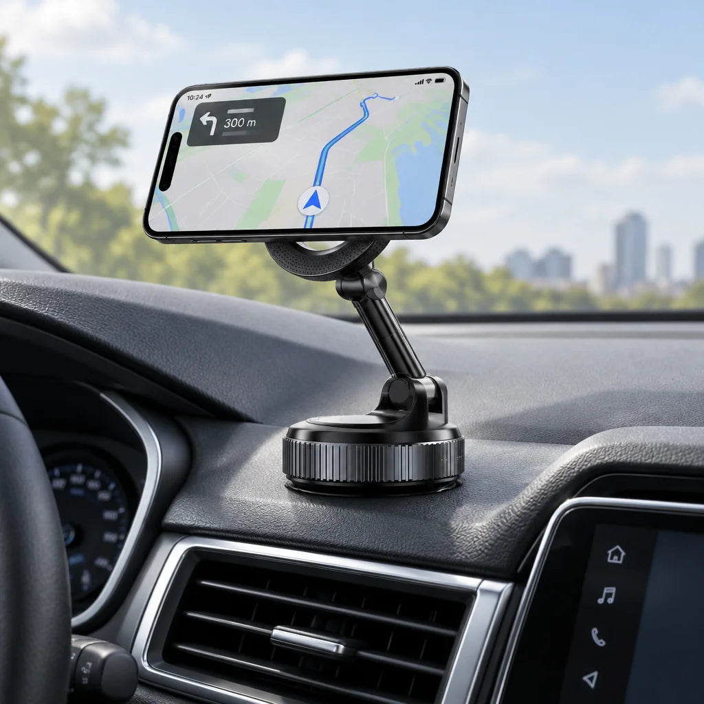 Show this exact magnetic car phone holder in a real vehicle with the phone rotated to landscape orie