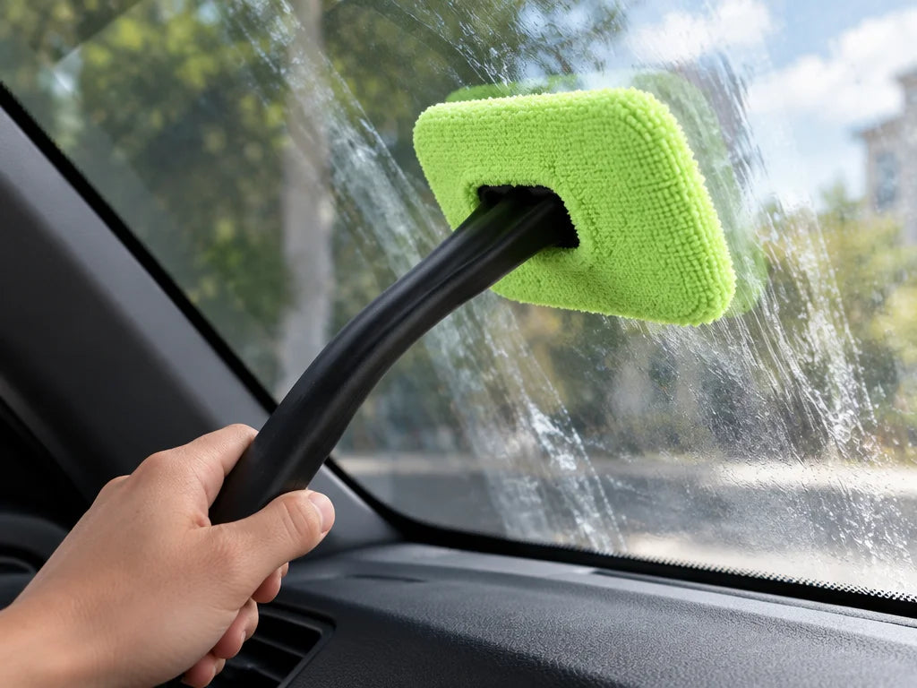 Show a close detail of this exact angled cleaning head and washable cover touching the inside of a v