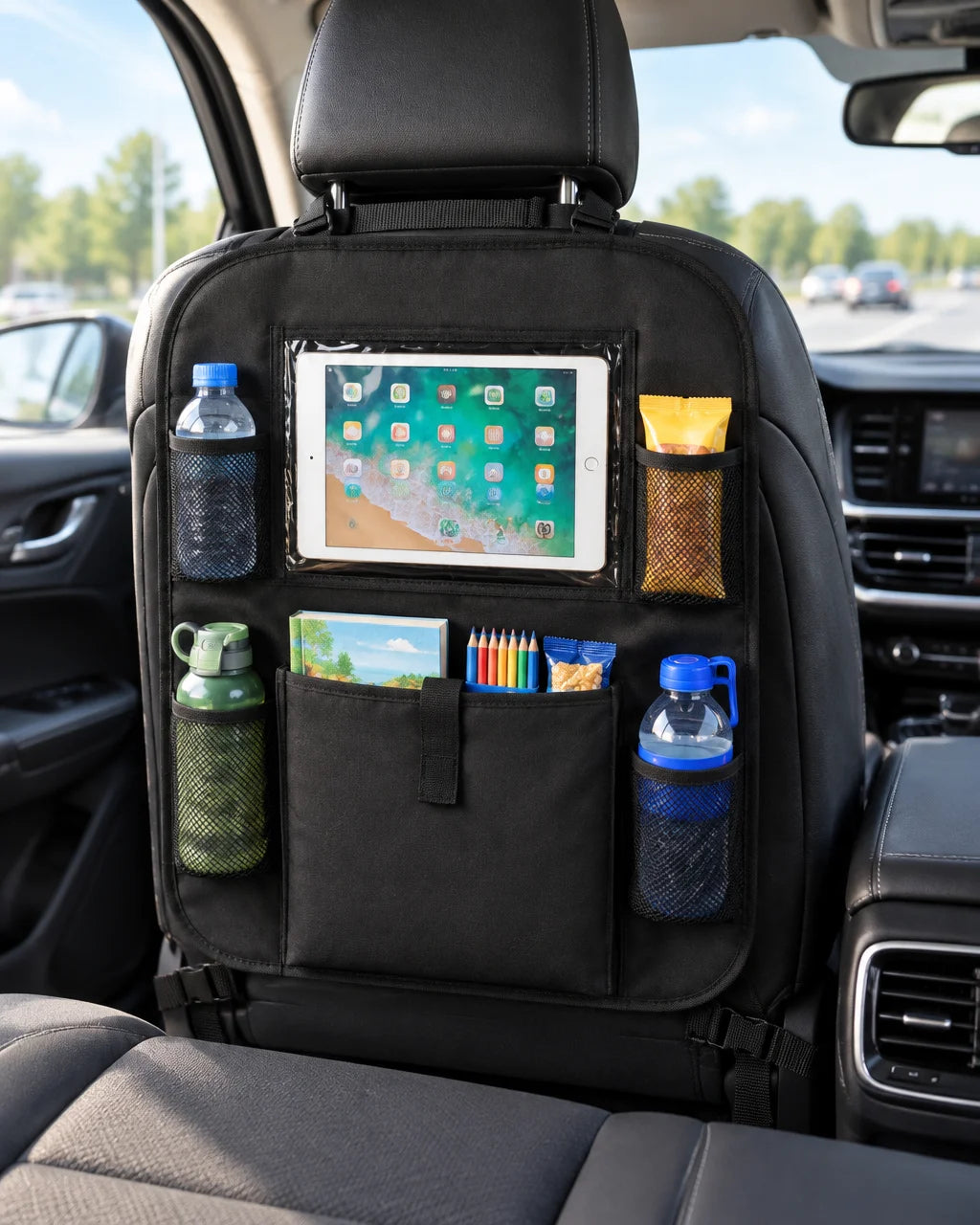 Show this exact back-seat family organizer attached behind a front vehicle seat, with books and smal
