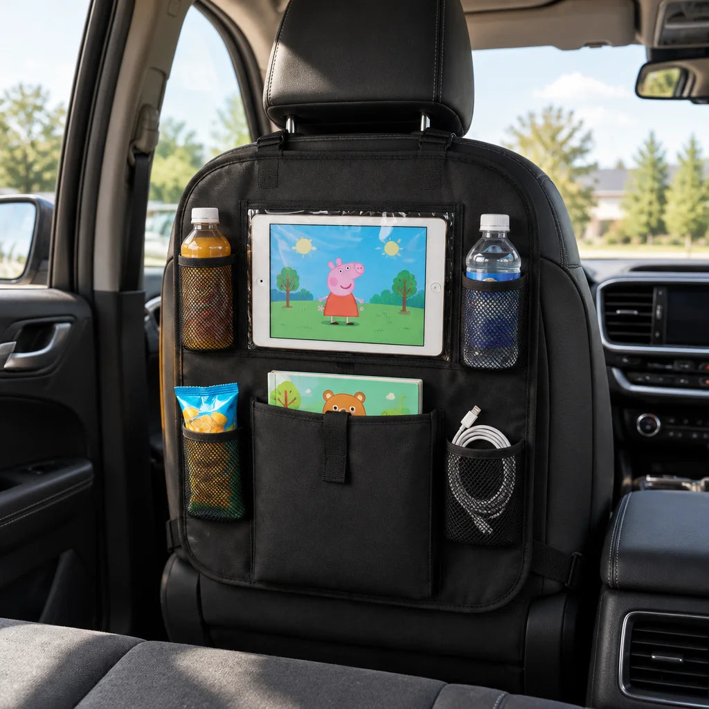 Show this exact back-seat family organizer in a real vehicle with a tablet visible in its transparen