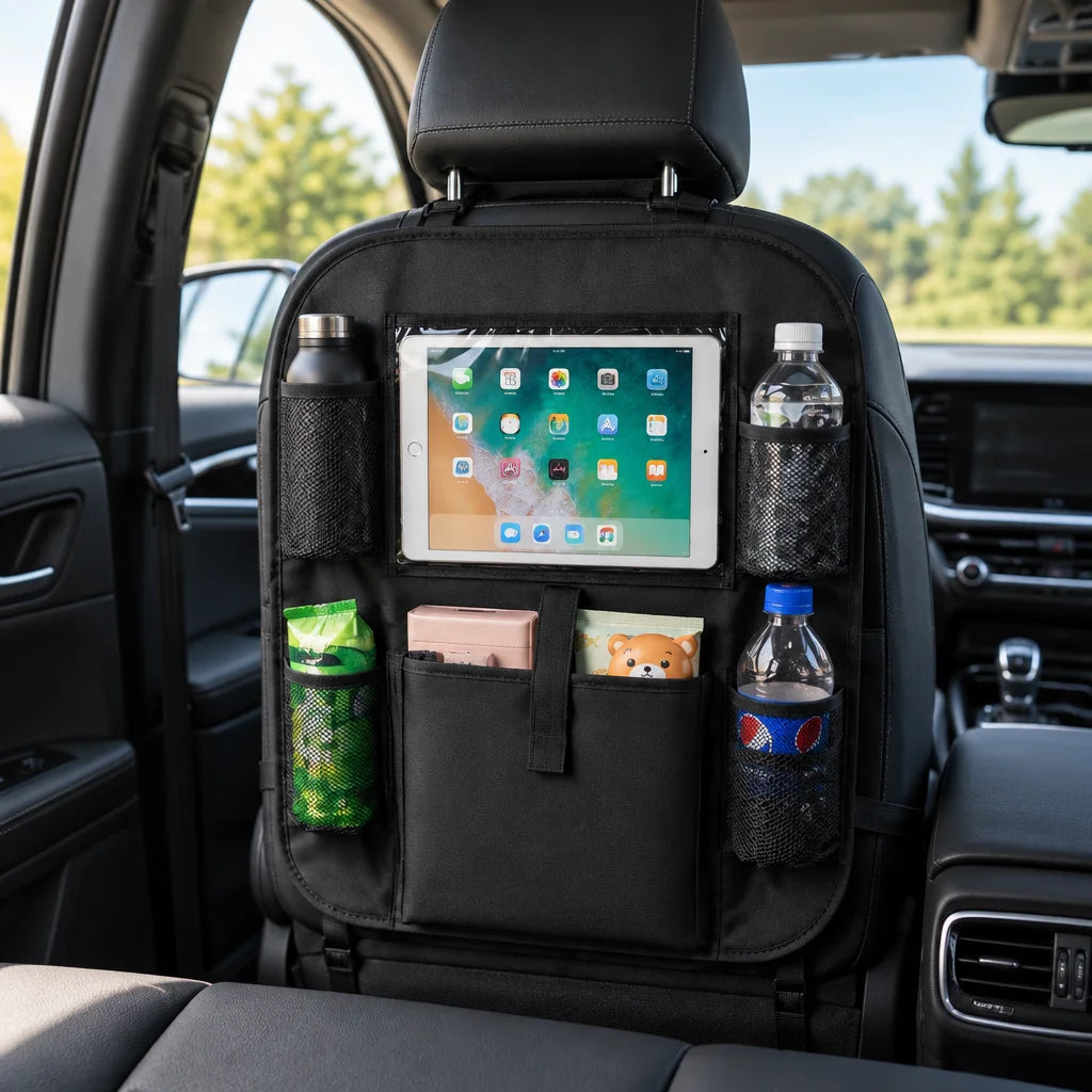 Show this exact back-seat family organizer with a tablet visible in its transparent holder area on t