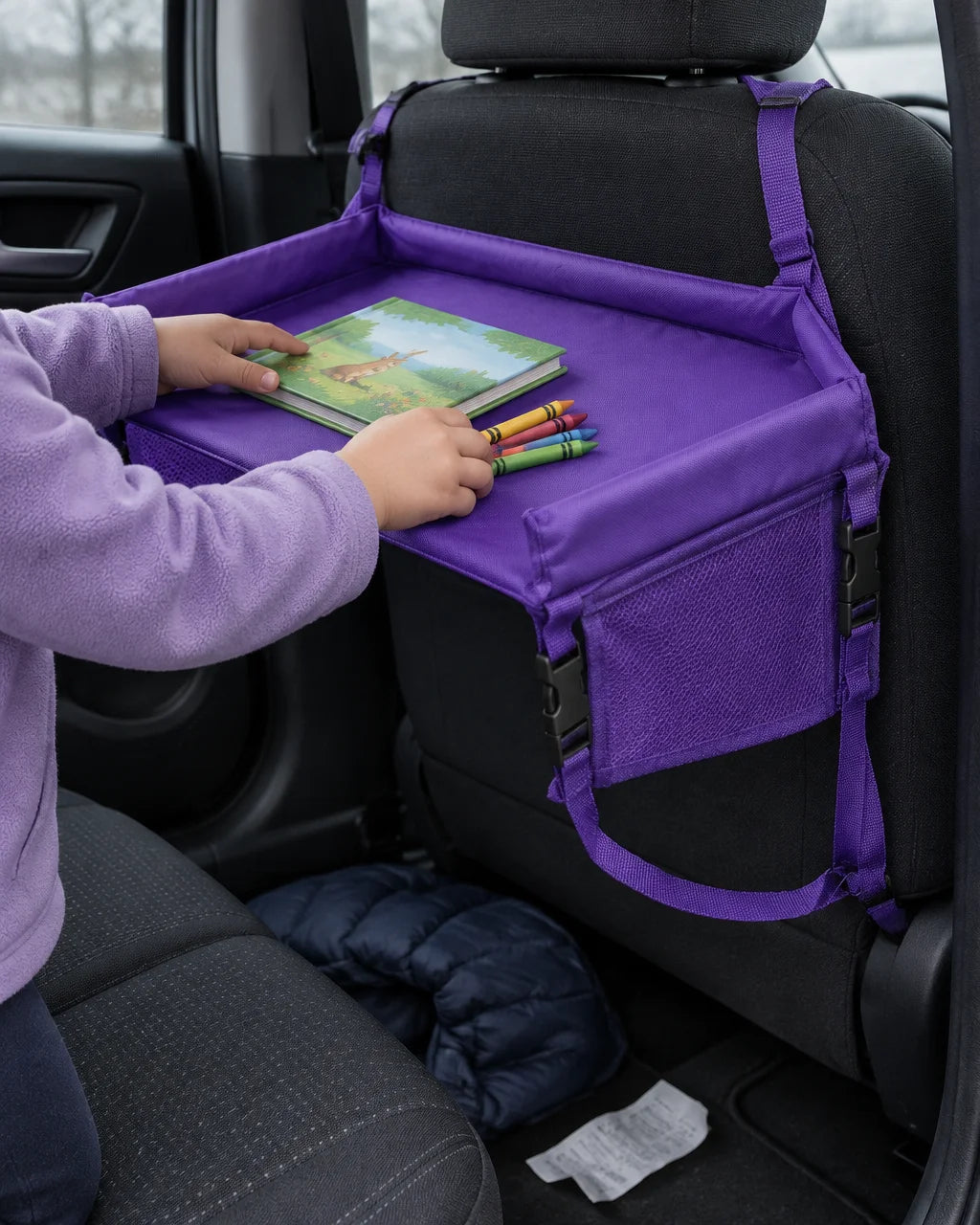 A photograph of the exact foldable kids car travel tray from the reference, a shallow fabric tray wi