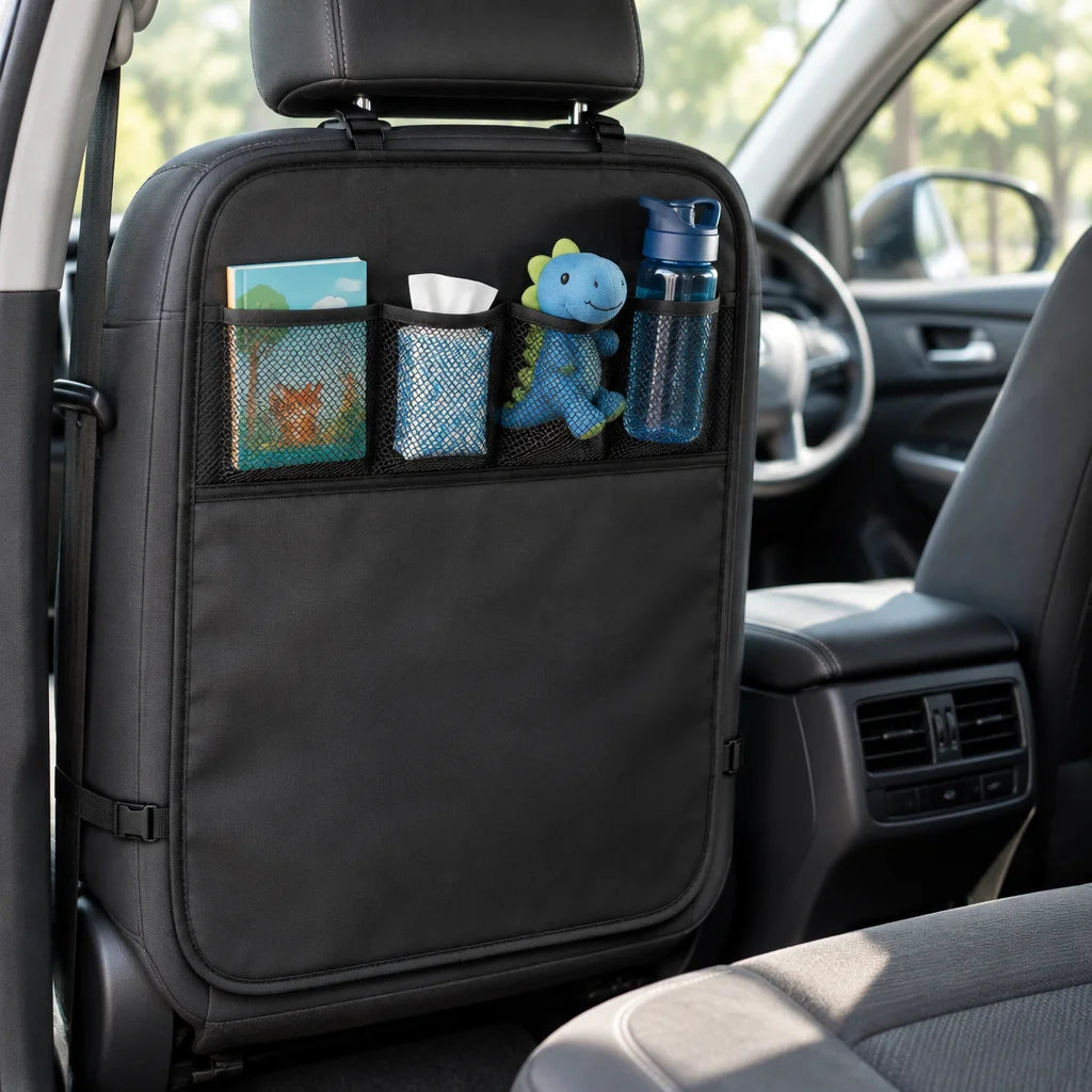 Show this exact back-seat kick mat organizer in a real family vehicle interior, with its adjustable