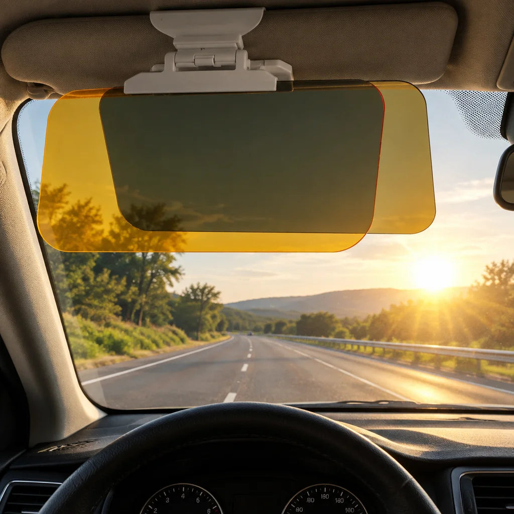 Show this exact anti-glare car sun visor in use from the driver’s point of view inside a real car, w