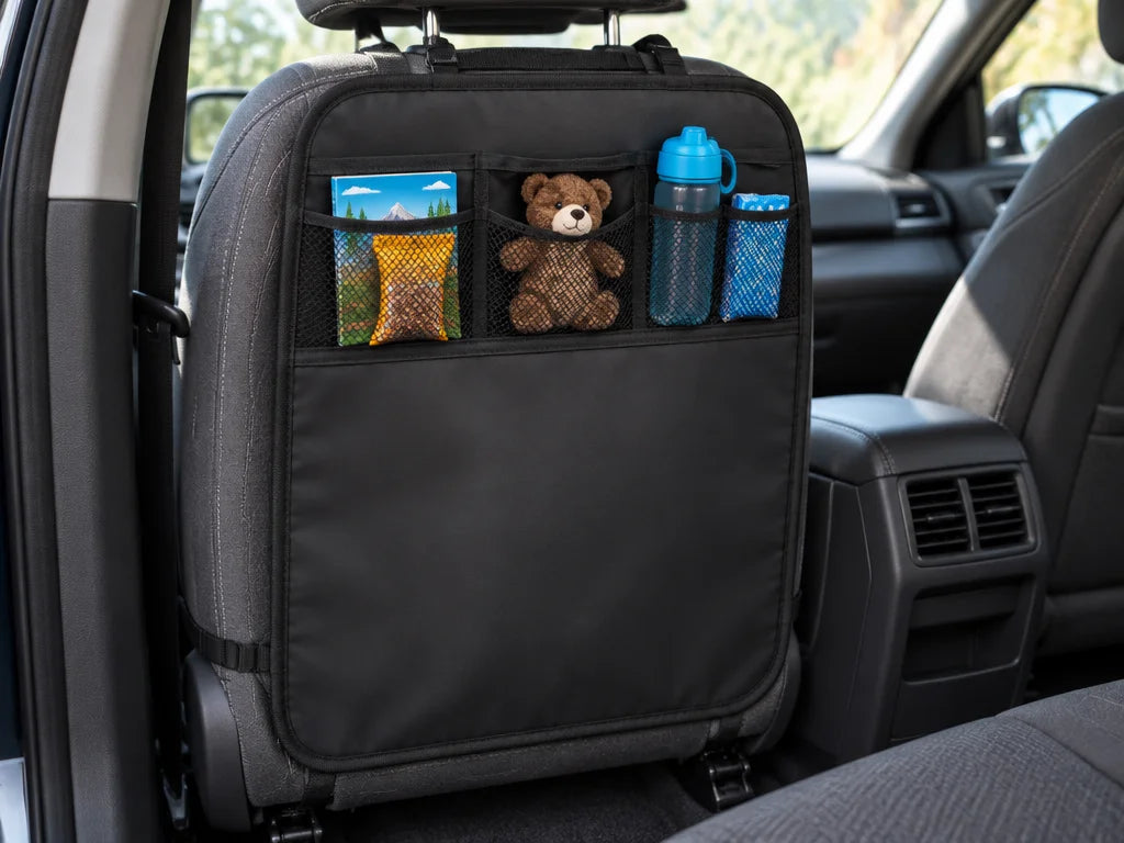 Show a close detail of this exact organizer’s kick-mat panel, pockets, and seat attachment points. P