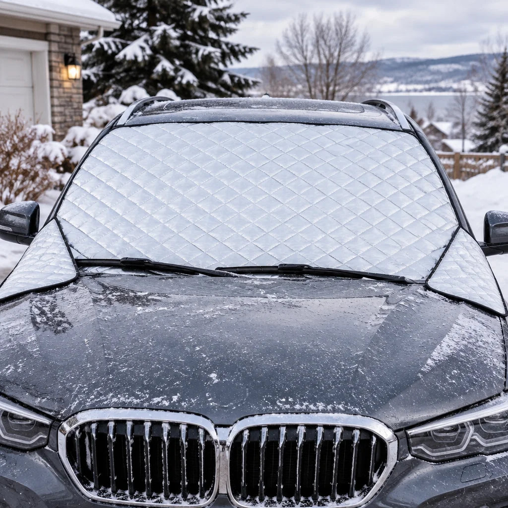 Show this exact winter windshield cover secured near the windshield wipers and hood of a parked vehi