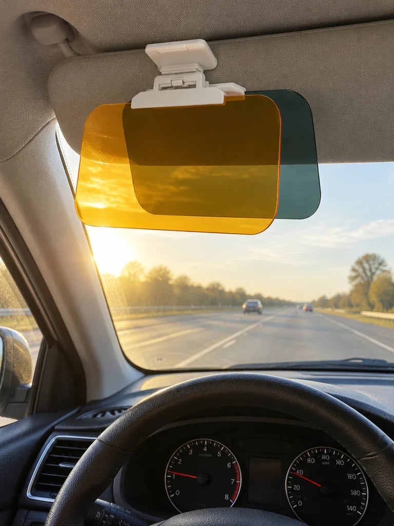 Show this exact anti-glare car sun visor installed on the driver side of a real vehicle, visibly pos