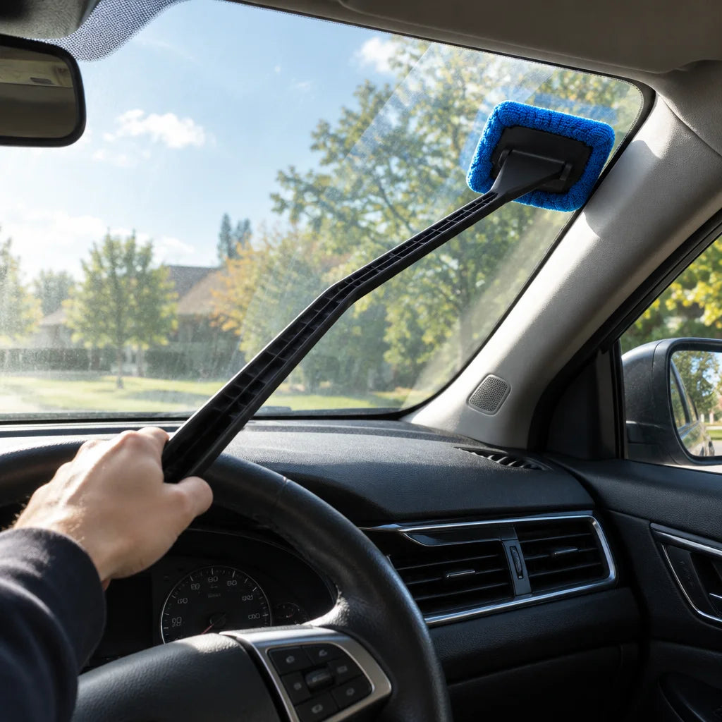 Show this exact interior windshield cleaning tool reaching the far side of a real car windshield fro