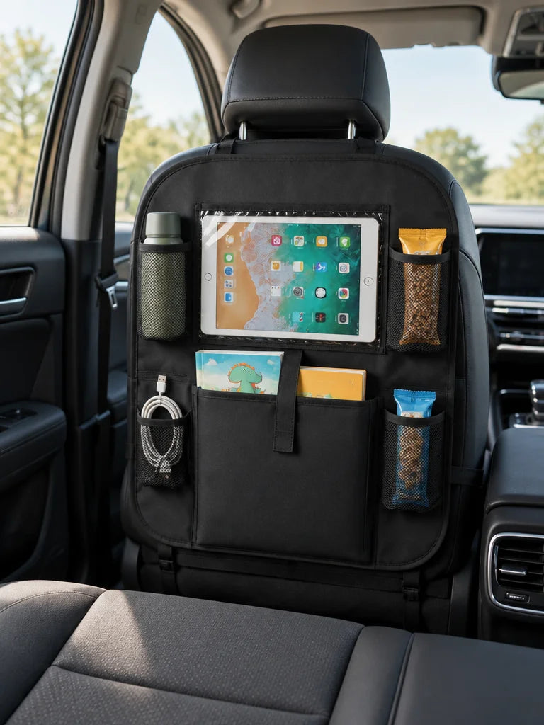 Show this exact back-seat family organizer attached behind a front vehicle seat, with books and smal