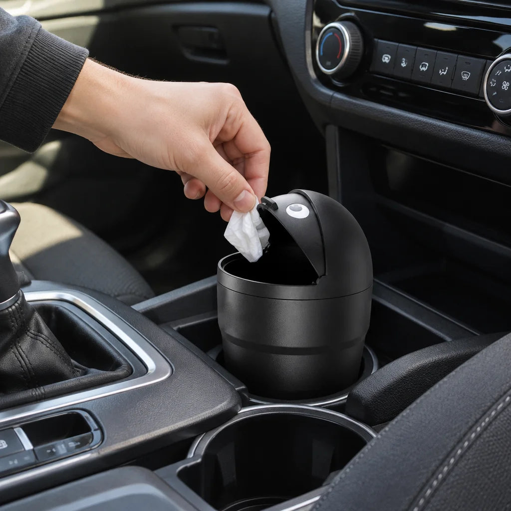 Show this exact compact car trash can in use inside a real vehicle with a small piece of everyday wa