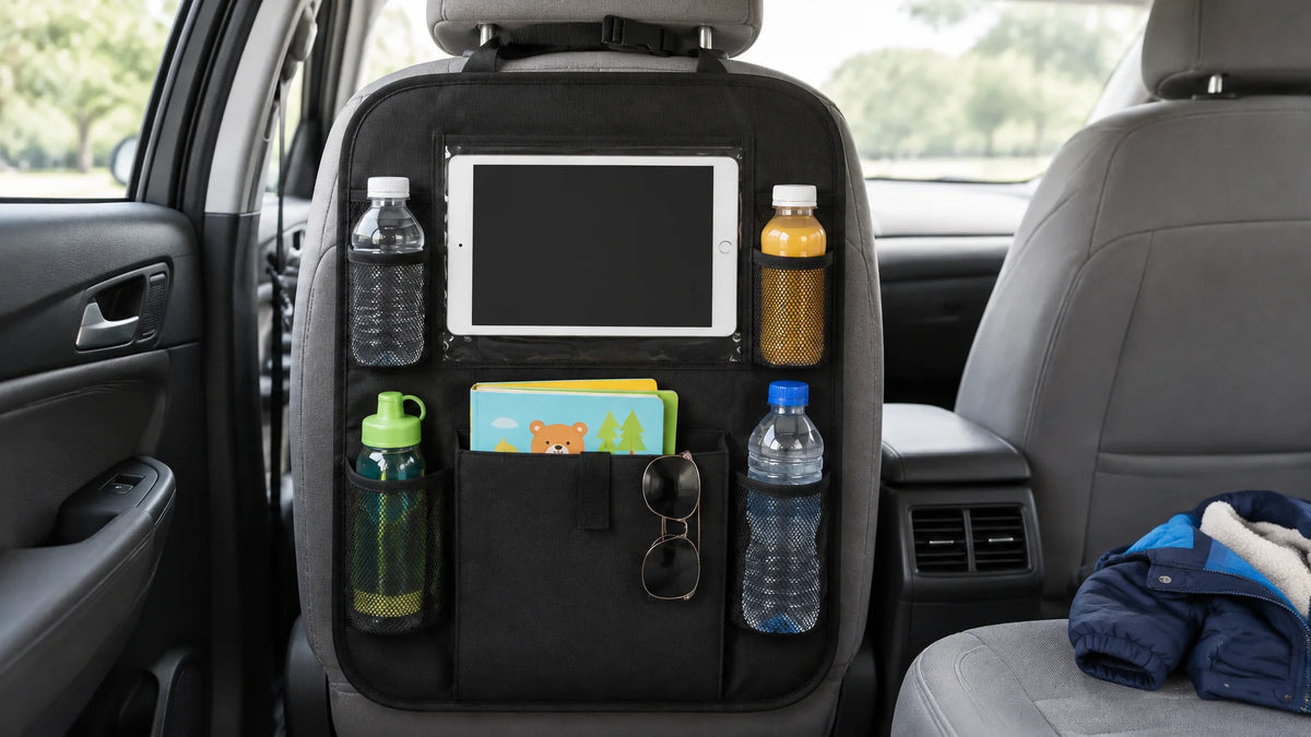 A photograph of the exact black back-seat family organizer from the reference, strapped to the back