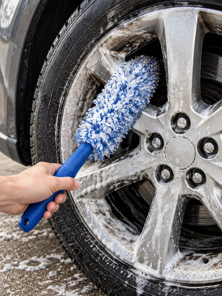 Show this exact soft wheel and rim detailing brush cleaning the spokes of a real vehicle wheel. Keep
