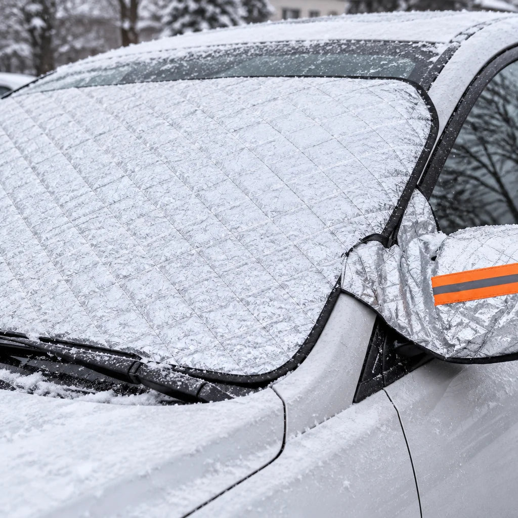 Show a close detail of this exact windshield cover edge and securing point on a real vehicle. Keep t