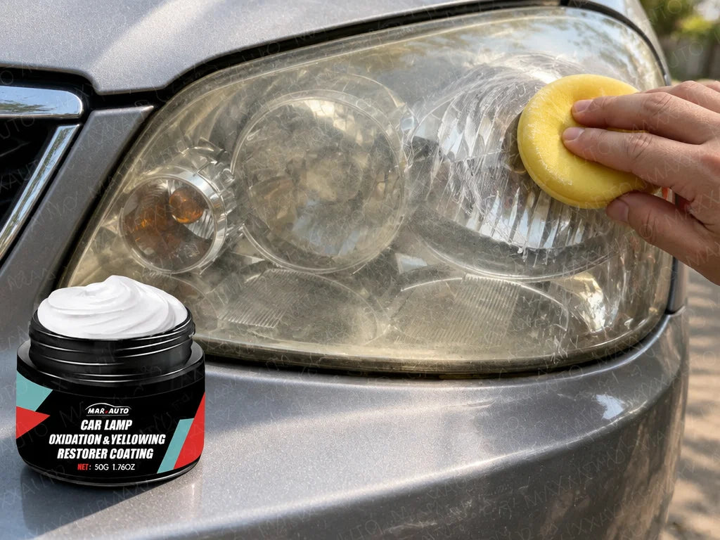 Show a close detail of this exact polish container, polishing pad, and vehicle headlight surface. Ke