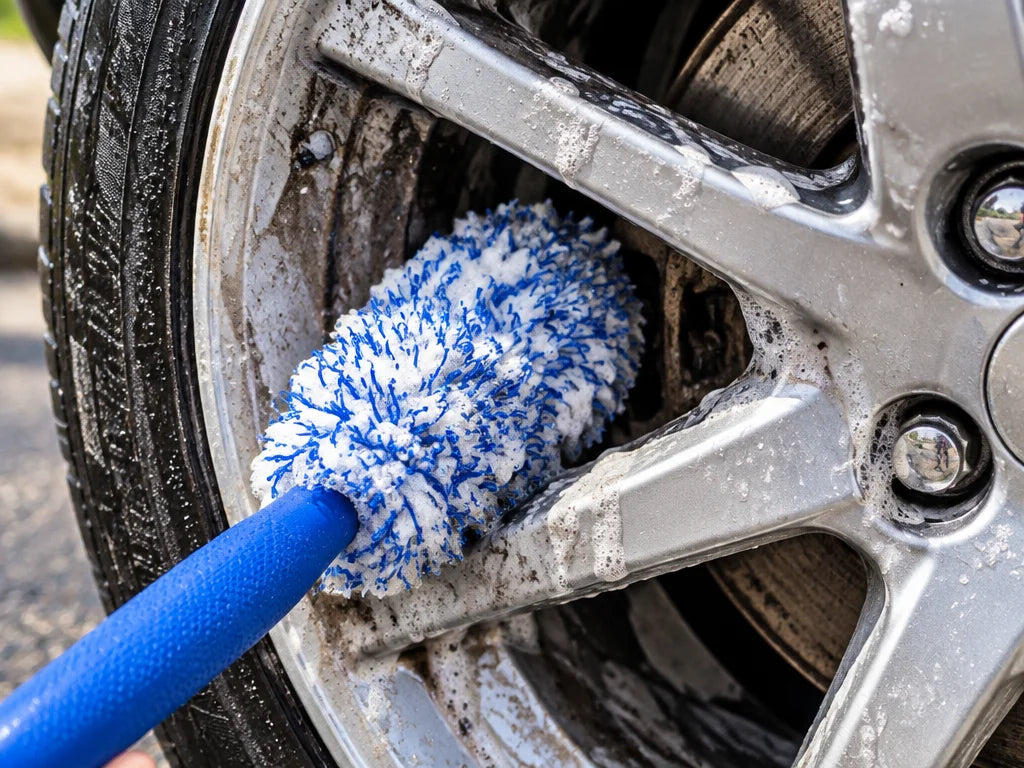 Show a close detail of this exact soft brush contacting the inner rim area of a real vehicle wheel.