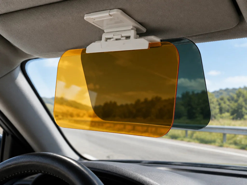 Show a close realistic detail of this exact anti-glare car sun visor and its attachment near the veh