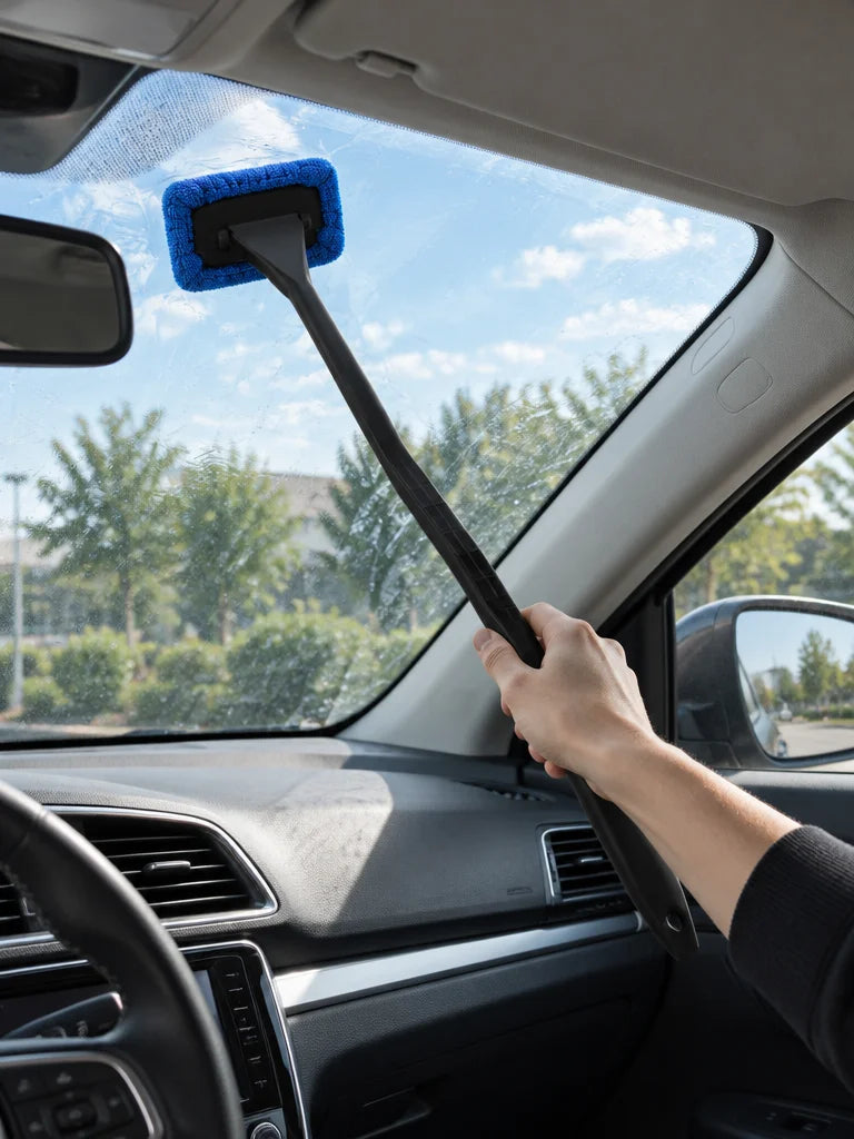 Show this exact long-handled interior windshield cleaning tool reaching across the inside of a real