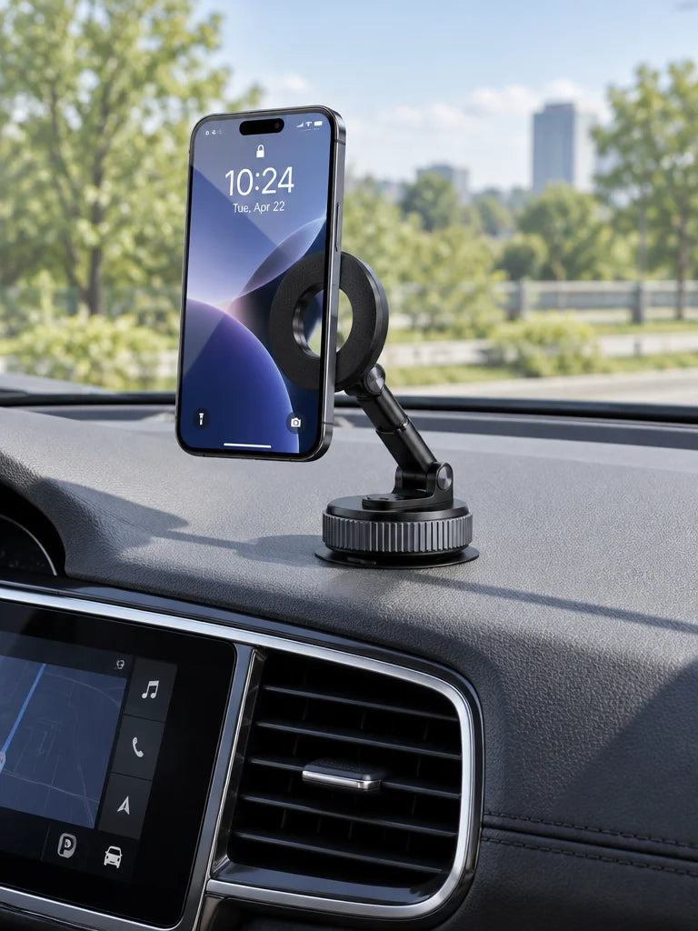 Show this exact magnetic car phone holder installed in a real vehicle interior with a phone held sec